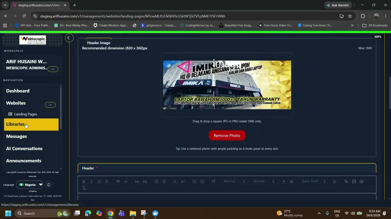 The Webiscopic admin console, open on a landing page editor with a header image uploaded, paused at the start of the walkthrough.
